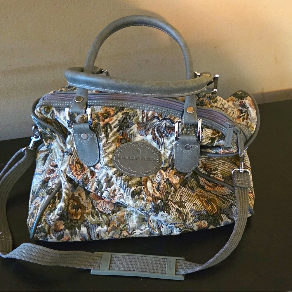 American Flyer Floral Tapestry Fabric Overnight Bag Adjustable Strap Gray